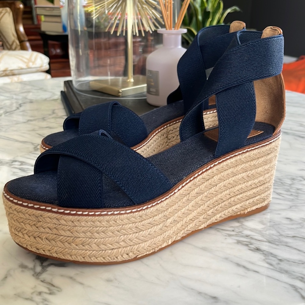 TORY BURCH Frieda Navy Espadrille Wedges women's size 7.5